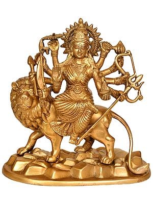 9" Brass Goddess Durga Statue Standing on Rocks | Handmade | Made in India