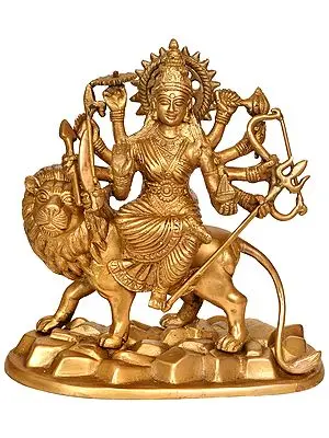 9" Goddess Durga Standing on Rocks In Brass | Handmade | Made In India