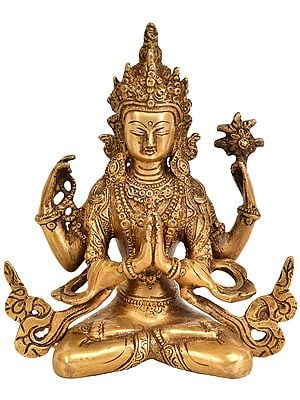 7" Tibetan Buddhist Deity Chenrezig (Four-Armed Avalokiteshvara) in Brass | Handmade | Made In India