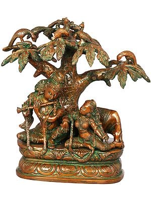 11" Krishna Playing Flute for Radha Under a Tree In Brass | Handmade | Made In India