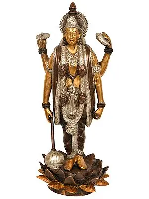 12" Lord Vishnu Standing on Lotus In Brass | Handmade | Made In India