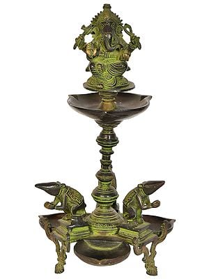 14" Lord Ganesha Six Wicks Lamp in Brass | Handmade | Made in India