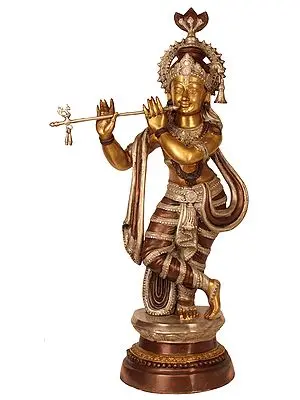 36" Large Size Krishna Fluting In Brass | Handmade | Made In India