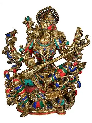 37" The Ethereal Sarasvati Cradles her Veena In Brass | Handmade | Made In India