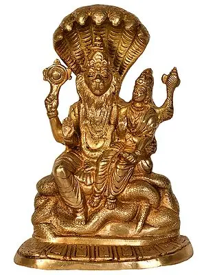 12" Lord Narasimha with Goddess Lakshmi Seated on Sheshanag In Brass | Handmade | Made In India
