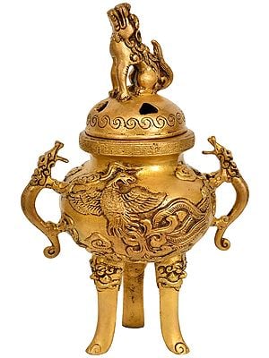 9" Incense Burner with Snow Lions In Brass | Handmade | Made In India