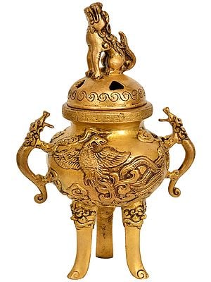 9" Incense Burner with Snow Lions In Brass | Handmade | Made In India