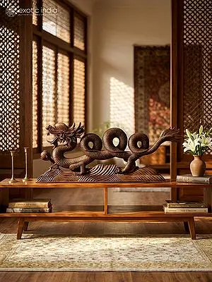 63" Large Walnut Wood Carved Dragon Figurine | From Kashmir | Home Decor