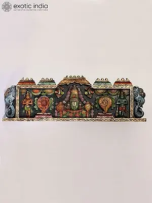 36" Large Wood Carved Tirupati Balaji (Venkateshvara) Wall Hanging Panel with Garuda and Hanuman
