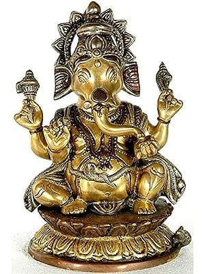9" Shri Ganesha on Auspicious Lotus In Brass | Handmade | Made In India