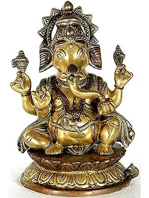9" Shri Ganesha on Auspicious Lotus In Brass | Handmade | Made In India