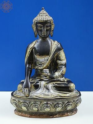 12" Buddha in the Bhumisparsha Mudra with Ashtamangala Carved on His Robe In Brass | Handmade