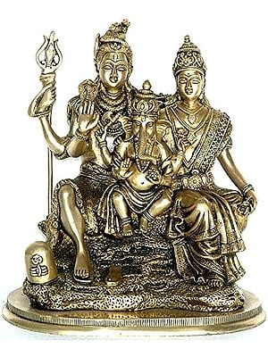 11" Shiva Parvati with Baby Ganesha In Brass | Handmade | Made In India