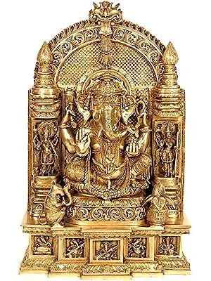 36" Brass Ganesha Seated in Royal Ease Posture with Lakshmi & Saraswati, Depicting Ganesha as Musician