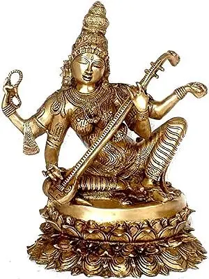 17" Goddess Saraswati Brass Idol - Deity of Arts | Handmade | Made in India