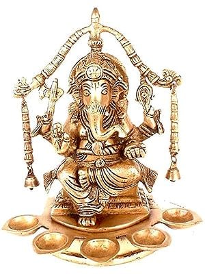 8" Lord Ganesha with Five Auspicious Lamps In Brass | Handmade | Made In India