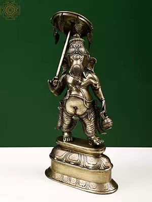 15" Brass Lord Ganesha Statue with Umbrella | Handmade | Made in India