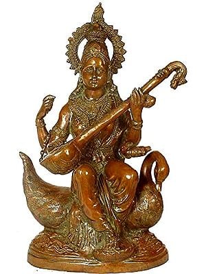 28" Large Size Goddess Saraswati Seated on Swan In Brass | Handmade | Made In India