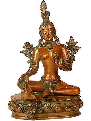 9" Tibetan Buddhist Deity- Green Tara In Brass | Handmade | Made In India