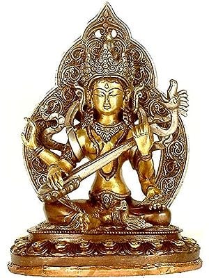 9" Devi Saraswati Brass Idol | Handmade Religious Figurine