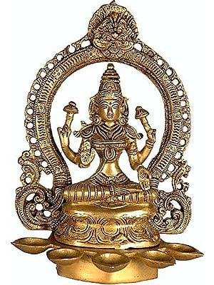 11" Goddess Lakshmi with Five Lamps and Auspicious Kirtimukha (Griffin) on Apex In Brass | Handmade | Made In India