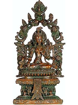 15" Tibetan Buddhist Goddess Green Tara on the Six-Ornament Throne of Enlightenment In Brass | Handmade | Made In India