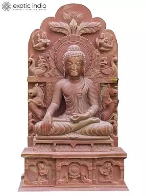 20" Lord Buddha Bhumisparsha Mudra Idol | Pink Serpentine Stone Statue