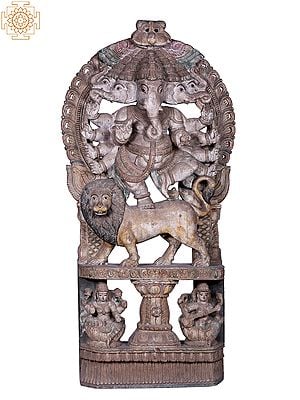 72" Large Wooden Panchamukhi Dancing Lord Ganesha on Lion