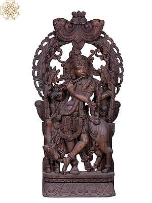 Large wooden Fluting Krishna with Kirtimukha Throne