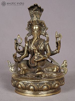 7" Sitting Four Hands Lord Ganesha Brass Statue from Nepal