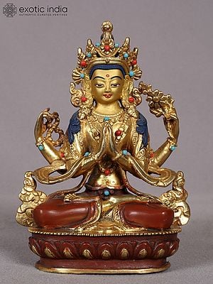 5" Chenrezig (Avalokiteshvara) Sculpture from Nepal | Copper Statue with Gold Plated