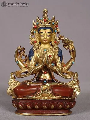 5" Chenrezig (Avalokiteshvara) Sculpture from Nepal | Copper Statue with Gold Plated
