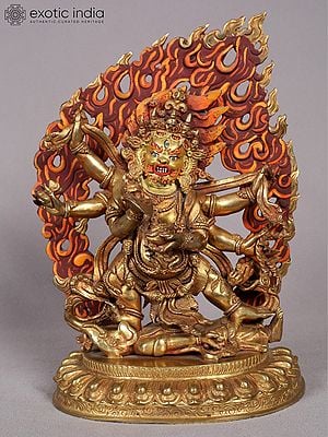 9" Six Hands Mahakala Statue from Nepal | Copper Idol with Gold Plated