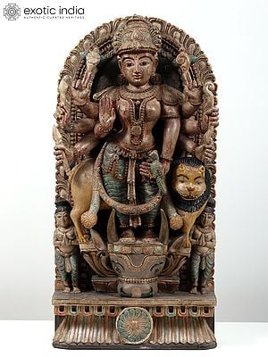 Ashtabhujadharini Goddess Durga Standing on Head of Buffalo Demon | Wall Hanging Wood Carved Statue