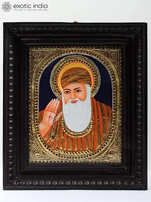 Guru Nanak Sahib Tanjore Painting | Traditional Colors With 24K Gold | Teakwood Frame | Gold & Wood | Handmade | Made In India