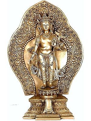 16" (Tibetan Buddhist Deity) Padmapani Avalokiteshvara Standing Against an Ornamented Aureole In Brass | Handmade | Made In India