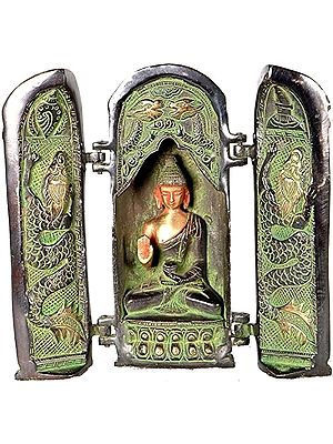 8" Lord Buddha Folding Temple (Back Side Decorated with the Scenes from Life of Buddha and Om Mani Padme Hum on the Door) In Brass | Handmade | Made In India