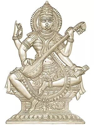 14" Goddess Saraswati (Wall Hanging Flat Statue) In Brass