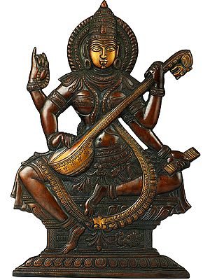 14" Brass Saraswati Wall Hanging Statue – Elegant Goddess Decor for Home & Office