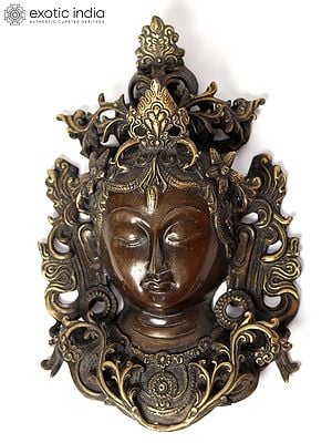 12" Devi Tara Wall-Hanging Mask, Gold Vines Spread Around Her Bust In Brass (From Nepal)
