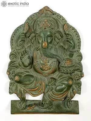 11" Blessing Lord Ganesha Brass Idol Seated on Throne | Wall Hanging