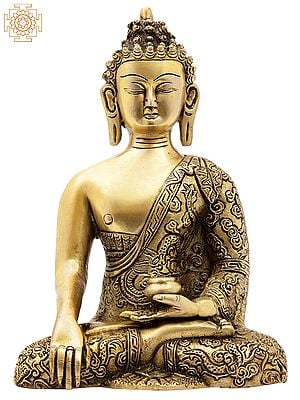 9" The Buddha in Bhumisparsha Mudra (Robes Decorated with Dragons) In Brass | Handmade | Made In India