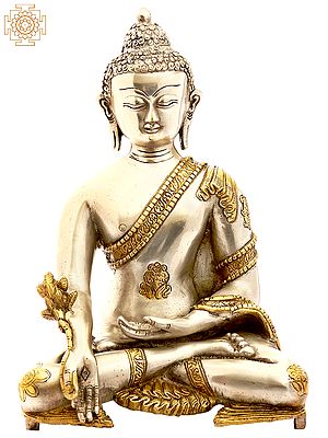 11" (Tibetan Buddhist Deity) The Medicine Buddha in Silver Hue with Golden Border Garment In Brass | Handmade | Made In India