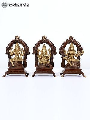 7" Set of 3 Statues - Lakshmi, Ganesha and Saraswati Idol in Brass