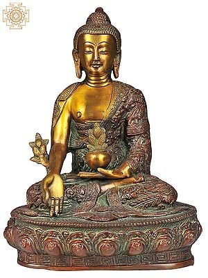 10" Tibetan Buddhist Deity- The Medicine Buddha (Robes Decorated with Birds, Animals and Auspicious Symbols) In Brass | Handmade | Made In India