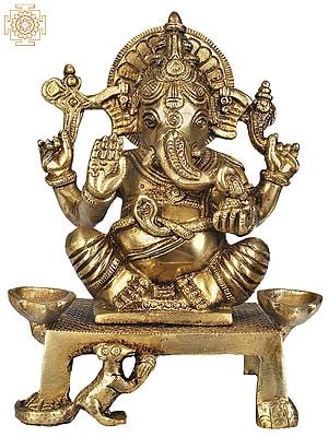 7" Shri Ganesha with Two Lamps (Altar Piece) In Brass | Handmade | Made In India