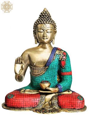 15" Preaching Buddha (with Fine Inlay Work) In Brass | Handmade | Made In India