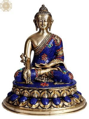 14" Tibetan Buddhist Deity- Lapis Healing Buddha In Brass | Handmade | Made In India