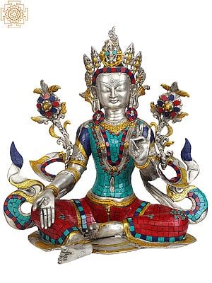 19" Tibetan Buddhist Goddess Green Tara (with Inlay Work) In Brass | Handmade | Made In India