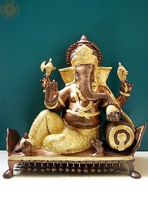 18" Lord Ganesha Idol Seated on Chowki | Brass Statue